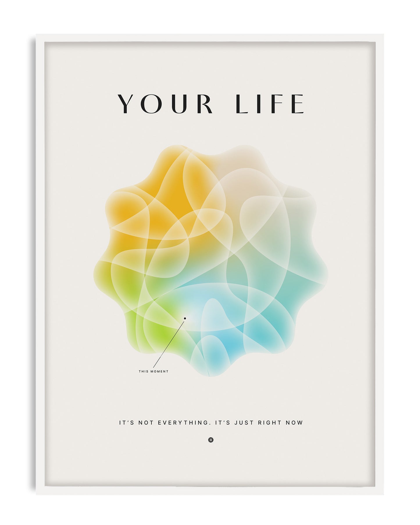 White-framed Your Life artwork with overlapping translucent yellow, green, and blue abstract forms.