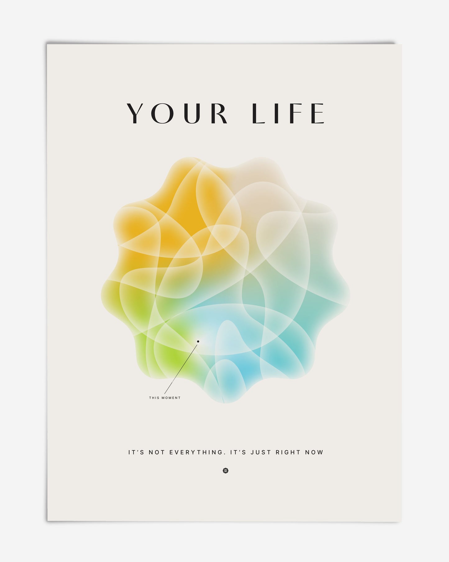 Unframed Your Life artwork with overlapping translucent yellow, green, and blue abstract forms.