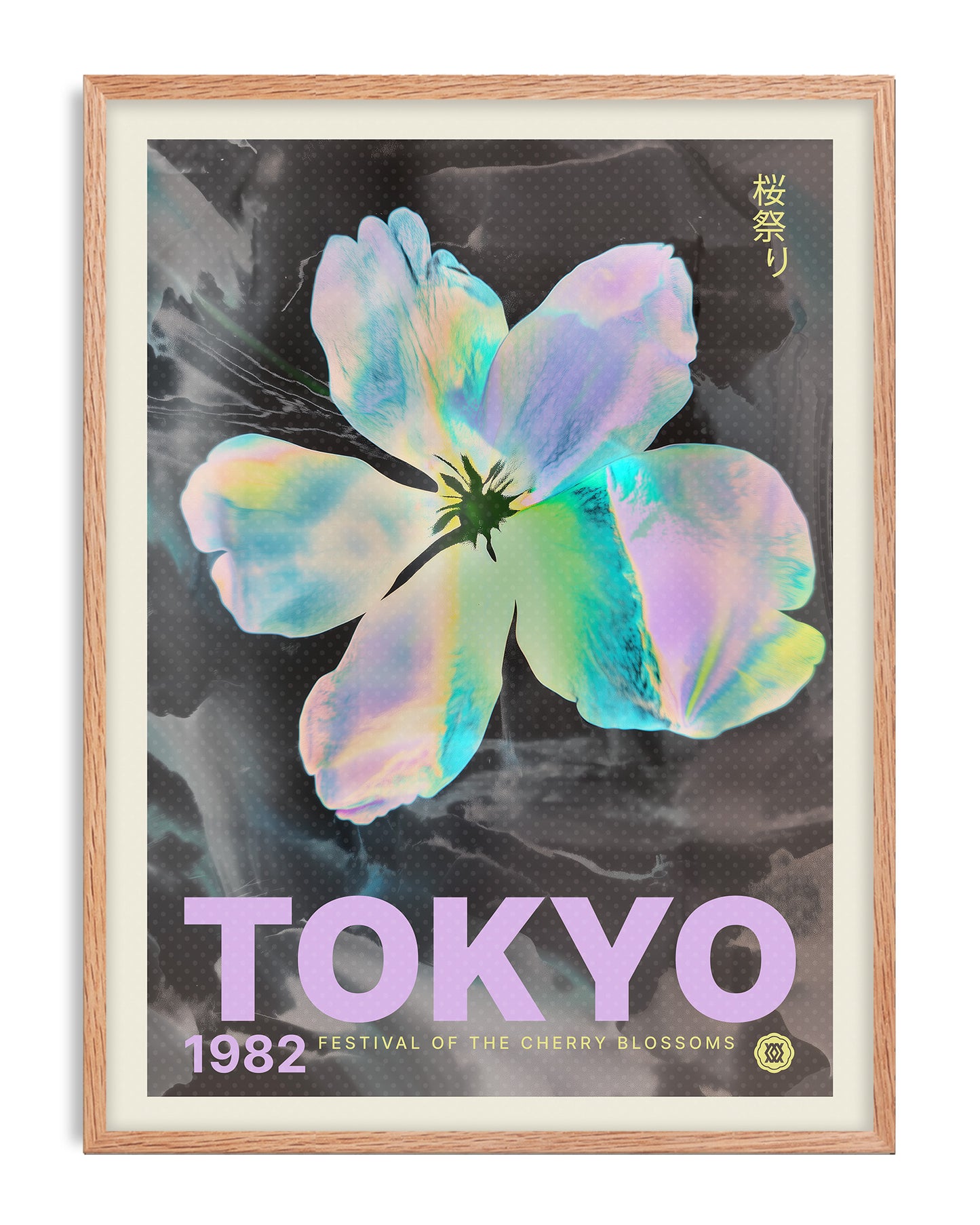Oak-framed Tokyo 1982 Festival of the Cherry Blossoms artwork featuring an iridescent pastel flower on a dark background.