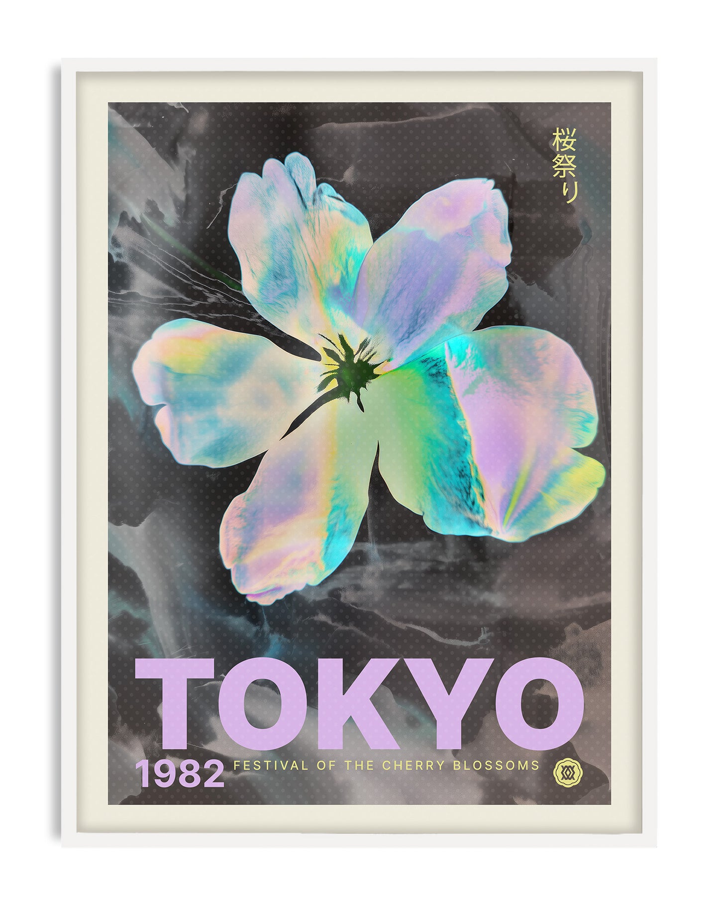 White-framed Tokyo 1982 Festival of the Cherry Blossoms artwork featuring an iridescent pastel flower on a dark background.