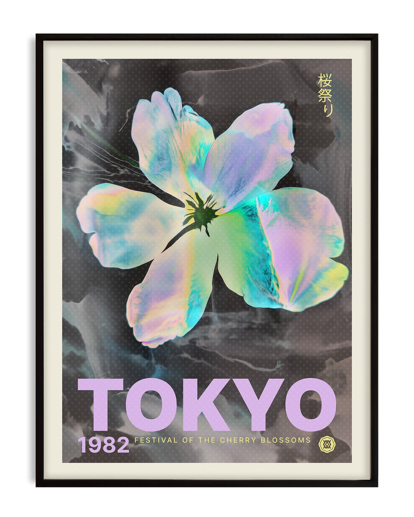 Black-framed Tokyo 1982 Festival of the Cherry Blossoms artwork featuring an iridescent pastel flower on a dark background.