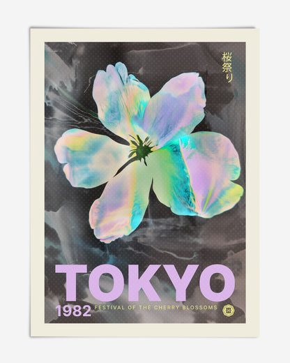 Unframed Tokyo 1982 Festival of the Cherry Blossoms art print featuring an iridescent pastel flower on a dark background.