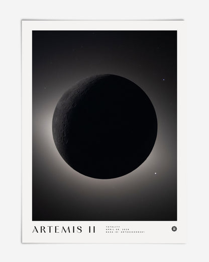 Unframed Artemis II eclipse artwork showing a shadowed celestial sphere with a glowing rim and scattered stars.