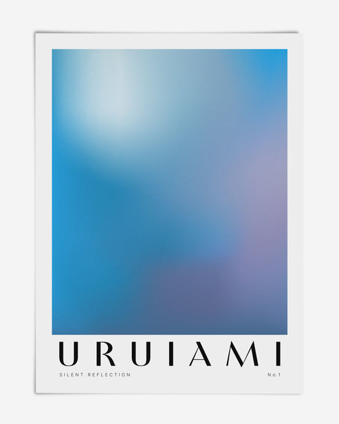 Unframed Silent Reflection No.1 art print with a soft blue and lavender gradient, URUIAMI lettering, and a white border.