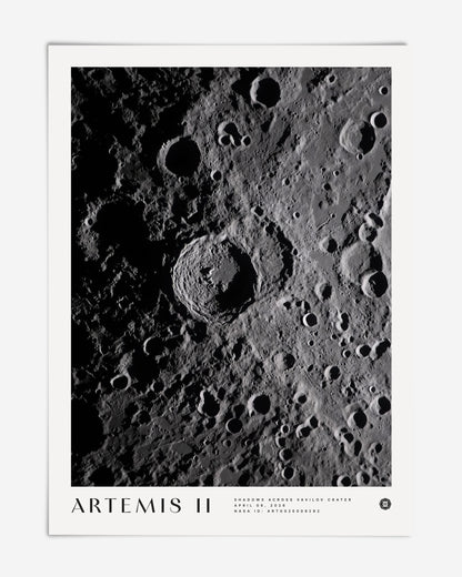 Unframed Artemis II Shadows Across Vavilov Crater art print featuring a high-contrast view of the cratered lunar surface.