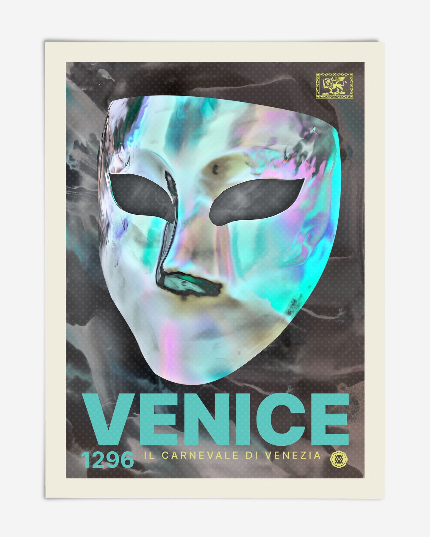 Unframed Venice 1296 carnival artwork featuring an iridescent mask and turquoise lettering.