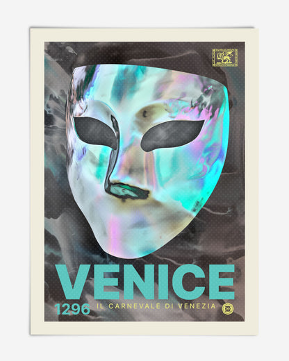 Unframed Venice 1296 carnival artwork featuring an iridescent mask and turquoise lettering.