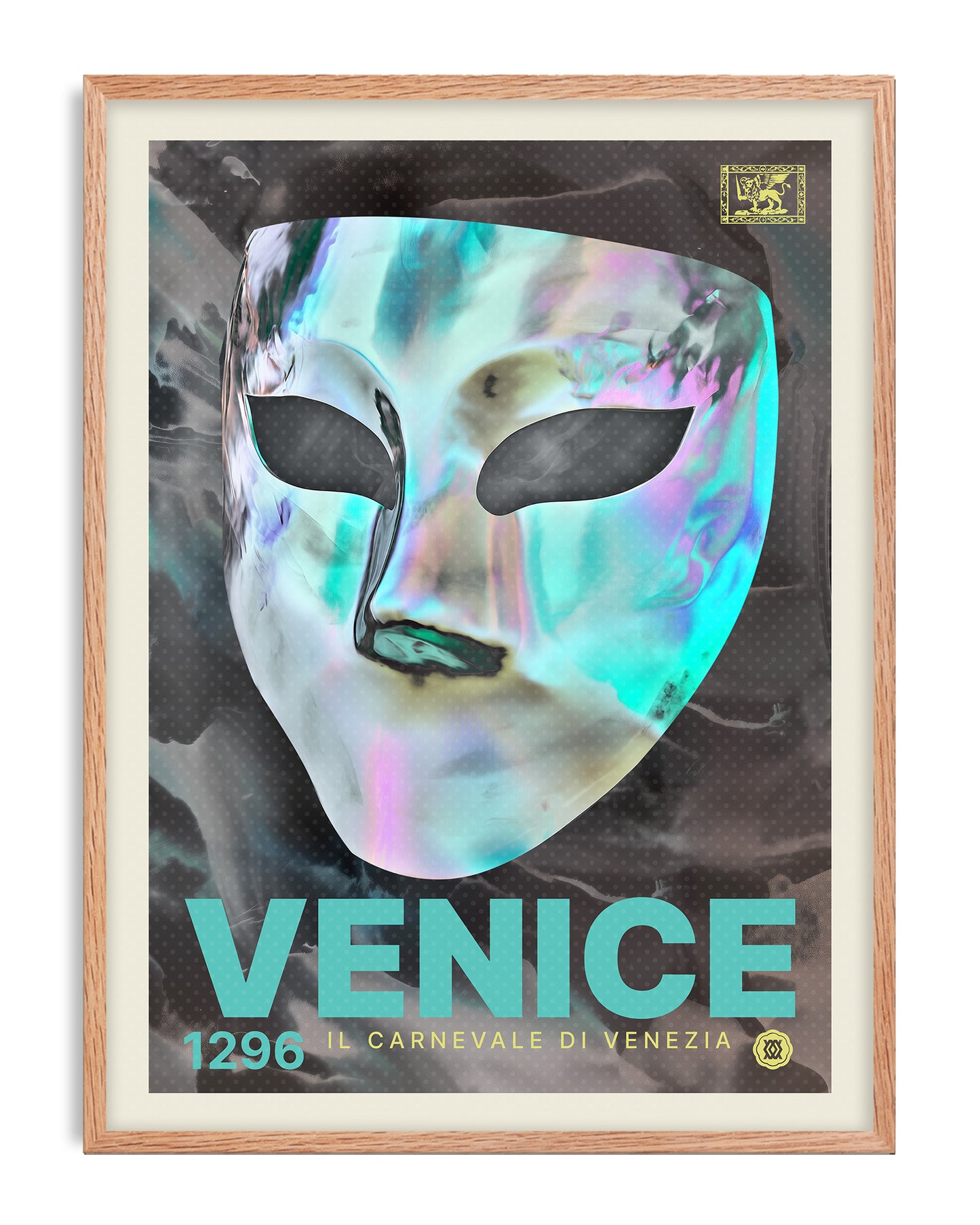 Oak-framed Venice 1296 carnival mask artwork on a white background.