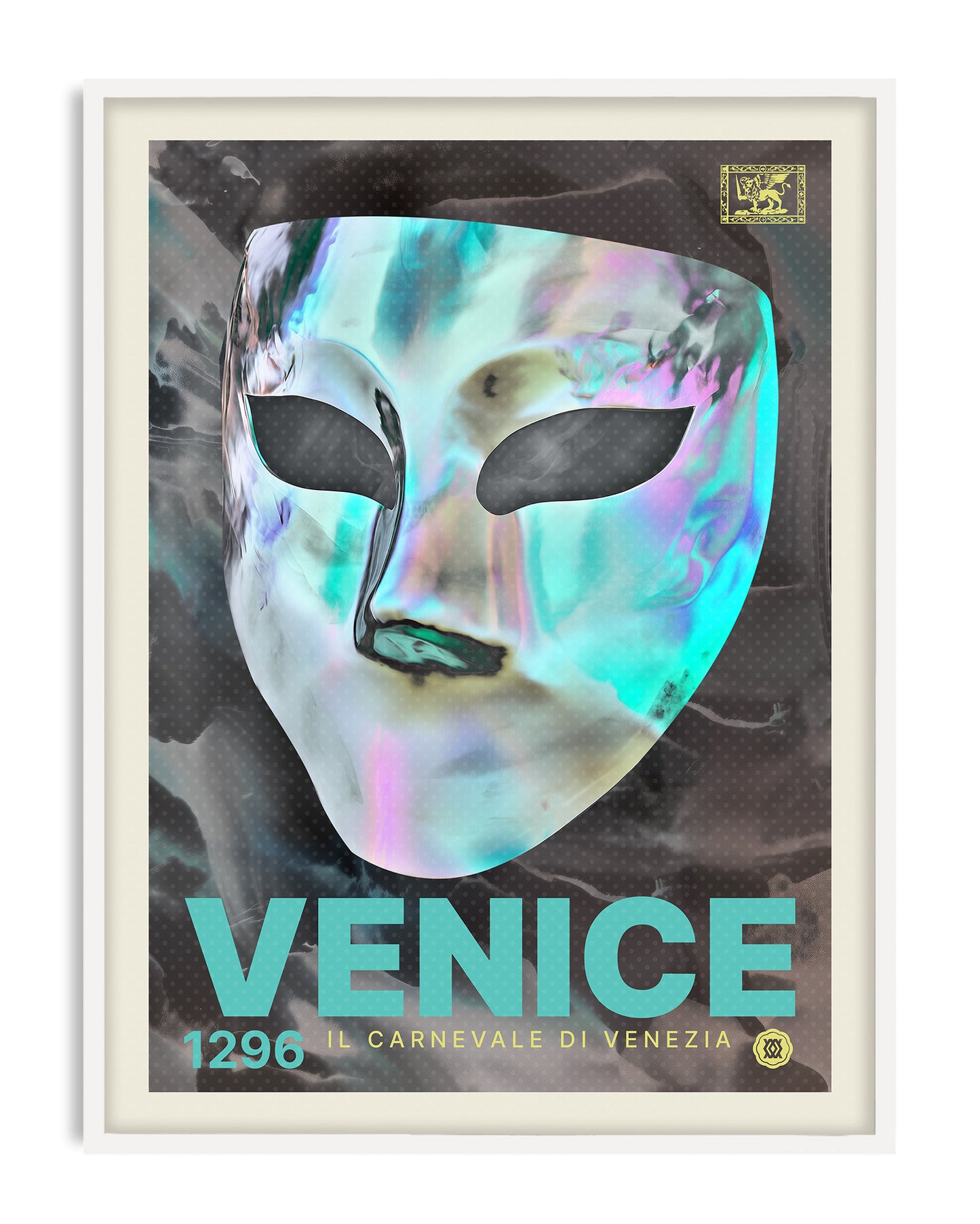 White-framed Venice 1296 carnival mask artwork on a white background.