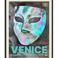 Black-framed Venice 1296 artwork featuring an iridescent carnival mask on a dark textured background.