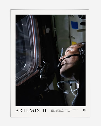 Unframed Artemis II art print showing a color portrait of an astronaut wearing a headset and looking through a spacecraft window.