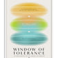 White-framed Window of Tolerance art print with yellow, green, and teal zones labeled hyperarousal, optimal zone, and hypoarousal.