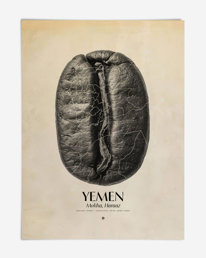 Unframed Yemen Mokha Haraaz art print featuring an oversized black coffee bean traced with map outlines on a warm cream background.
