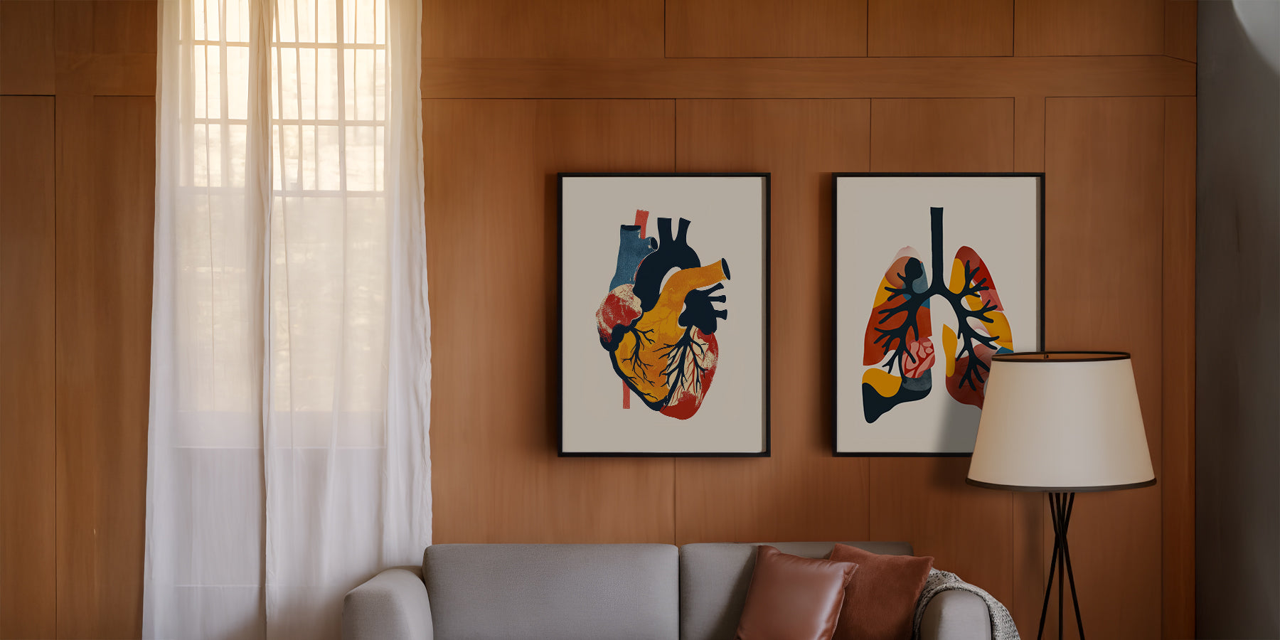 Framed heart and lung art prints in a contemporary living room — part of YOTIF's identity-rooted wall art collection.