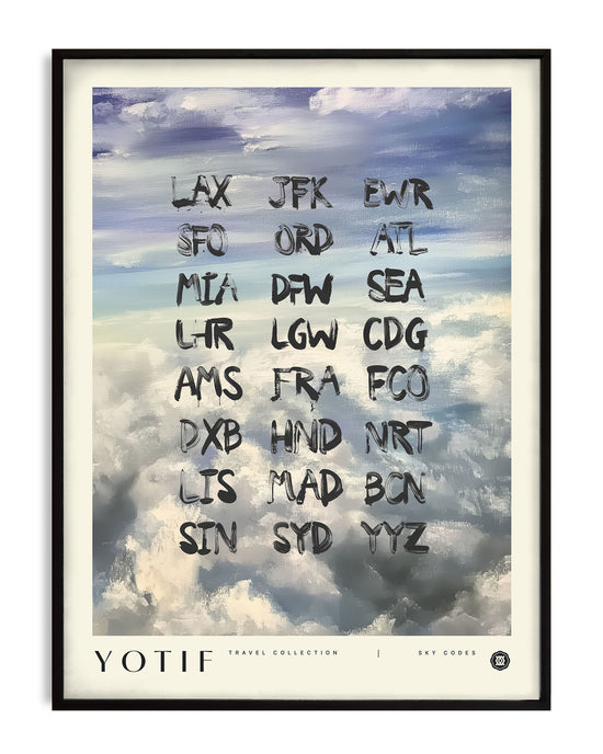 Black-framed YOTIF Sky Codes artwork featuring airport abbreviations over blue and white painted clouds.