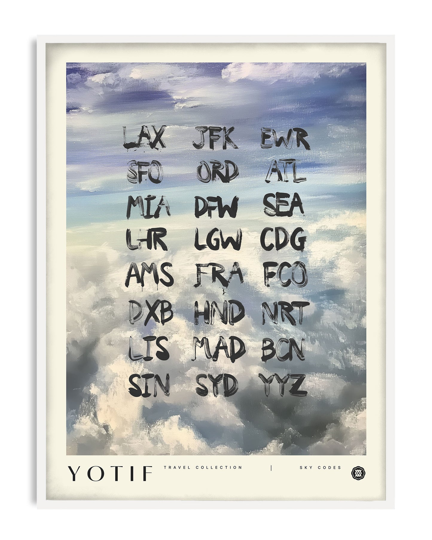 White-framed YOTIF Sky Codes art print featuring black airport abbreviations over blue, gray, and white painted clouds.