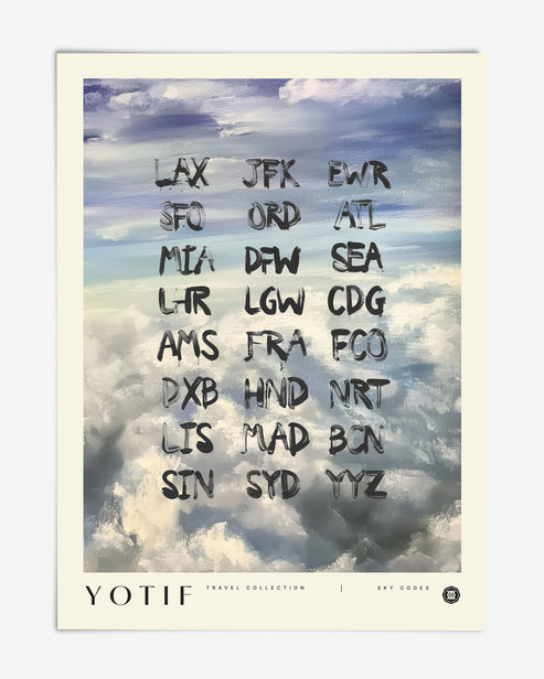 Unframed YOTIF Sky Codes art print featuring three-letter airport abbreviations in black over blue, gray, and white painted clouds.